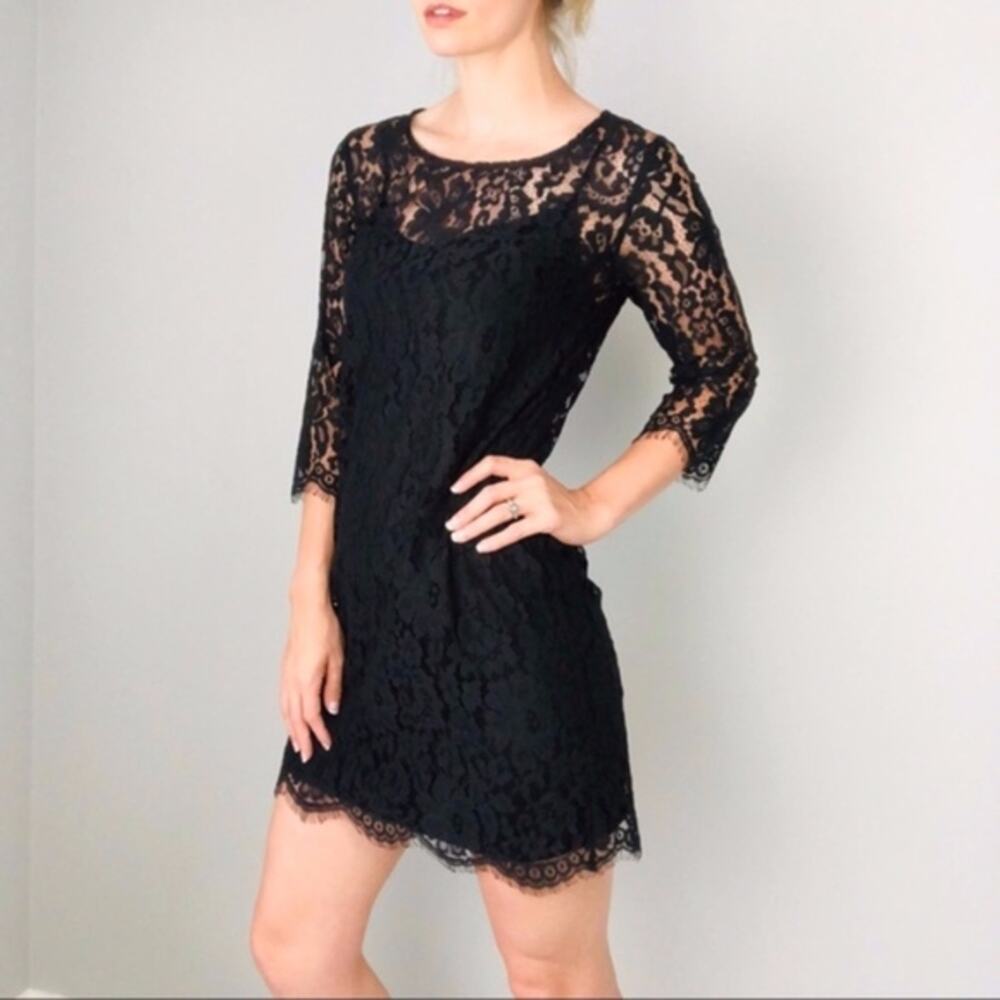 HD in Paris Anthropologie Black Floral Lace Shift Dress XS Eyelash Trim
